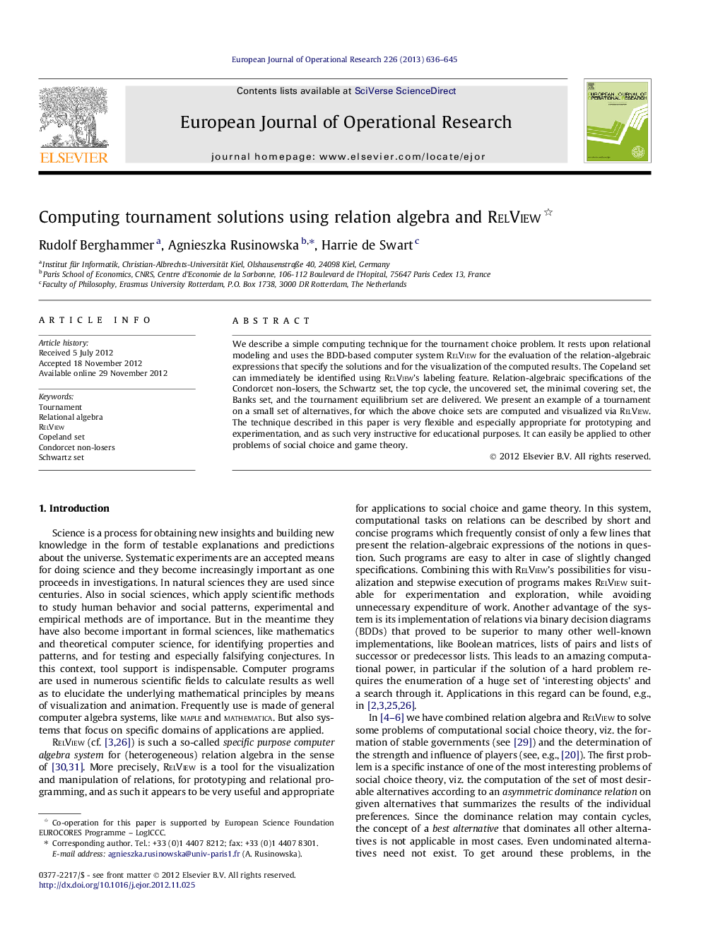 Computing tournament solutions using relation algebra and RelView 