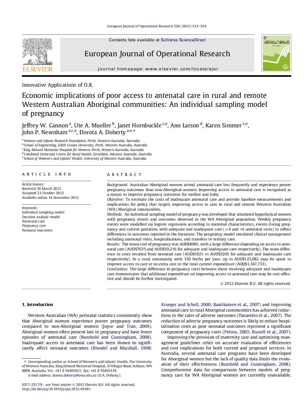 Economic implications of poor access to antenatal care in rural and remote Western Australian Aboriginal communities: An individual sampling model of pregnancy