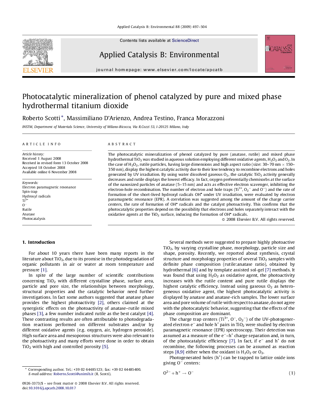 Photocatalytic mineralization of phenol catalyzed by pure and mixed phase hydrothermal titanium dioxide