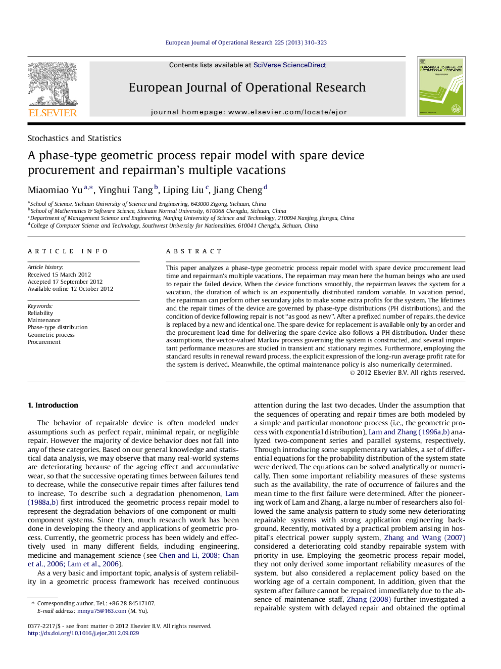 A phase-type geometric process repair model with spare device procurement and repairman’s multiple vacations