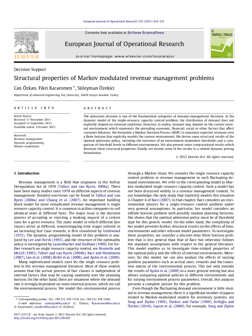 Structural properties of Markov modulated revenue management problems