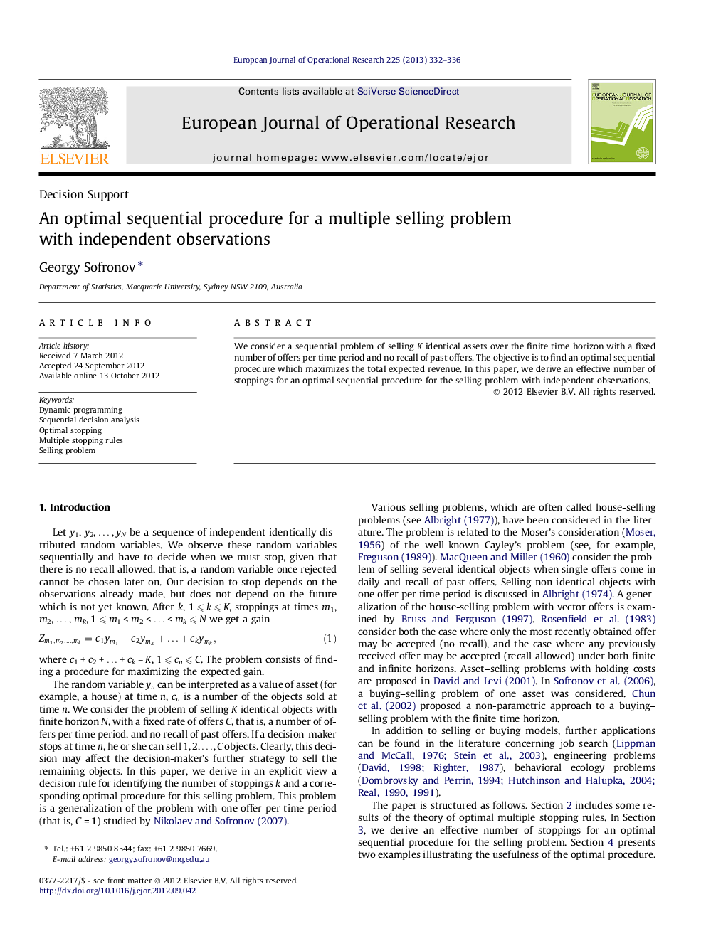 An optimal sequential procedure for a multiple selling problem with independent observations