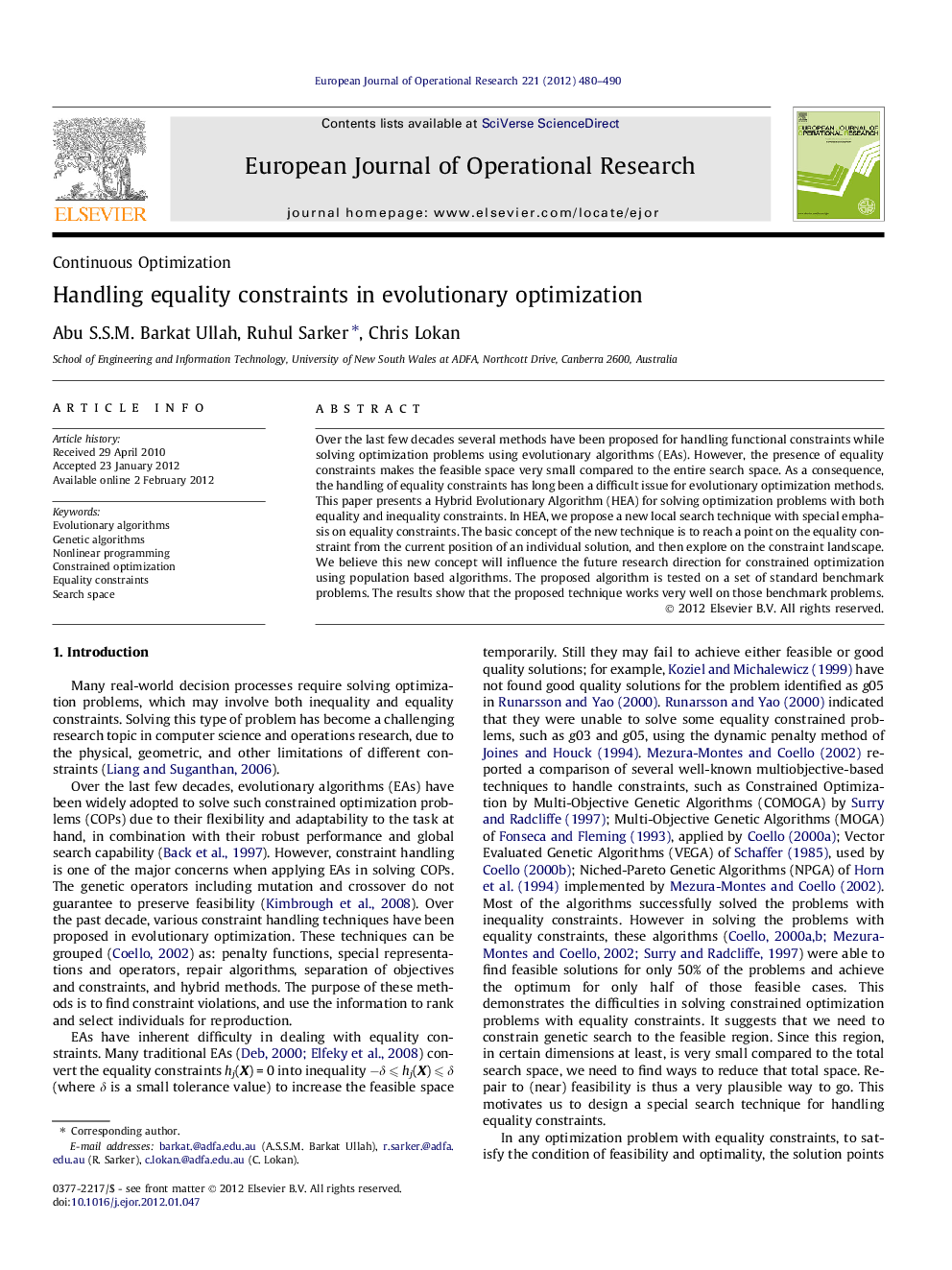 Handling equality constraints in evolutionary optimization