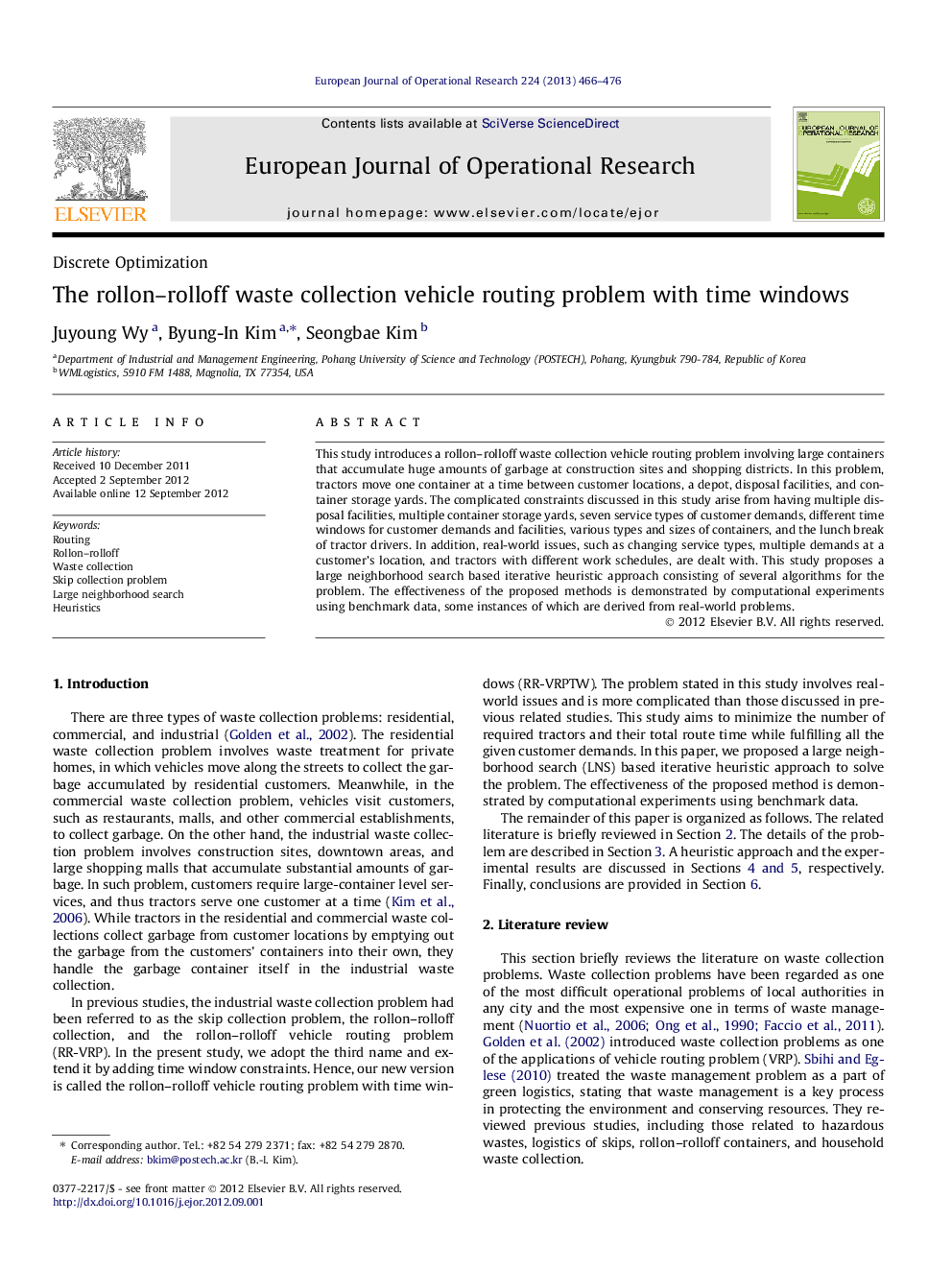 The rollon–rolloff waste collection vehicle routing problem with time windows