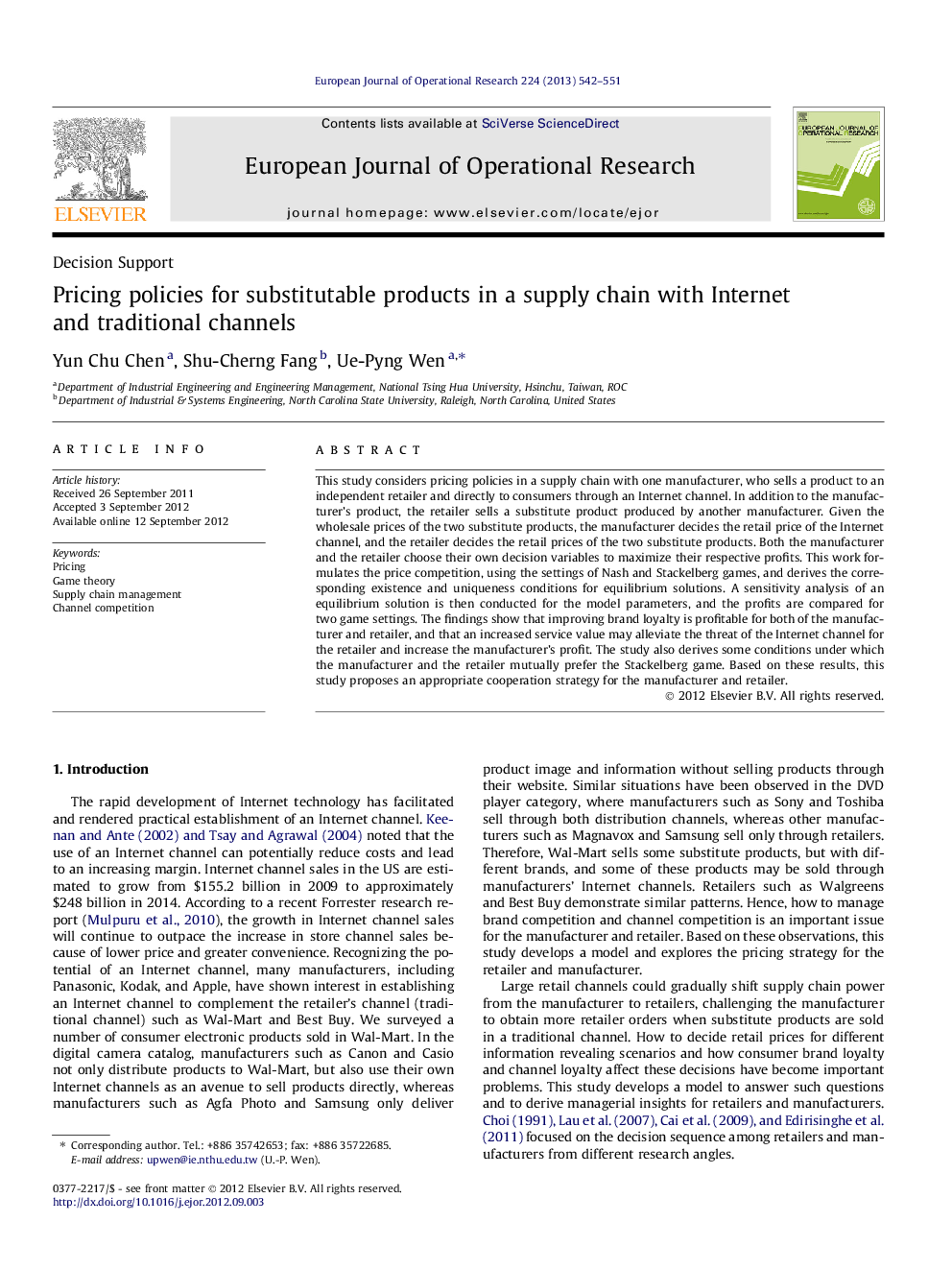 Pricing policies for substitutable products in a supply chain with Internet and traditional channels