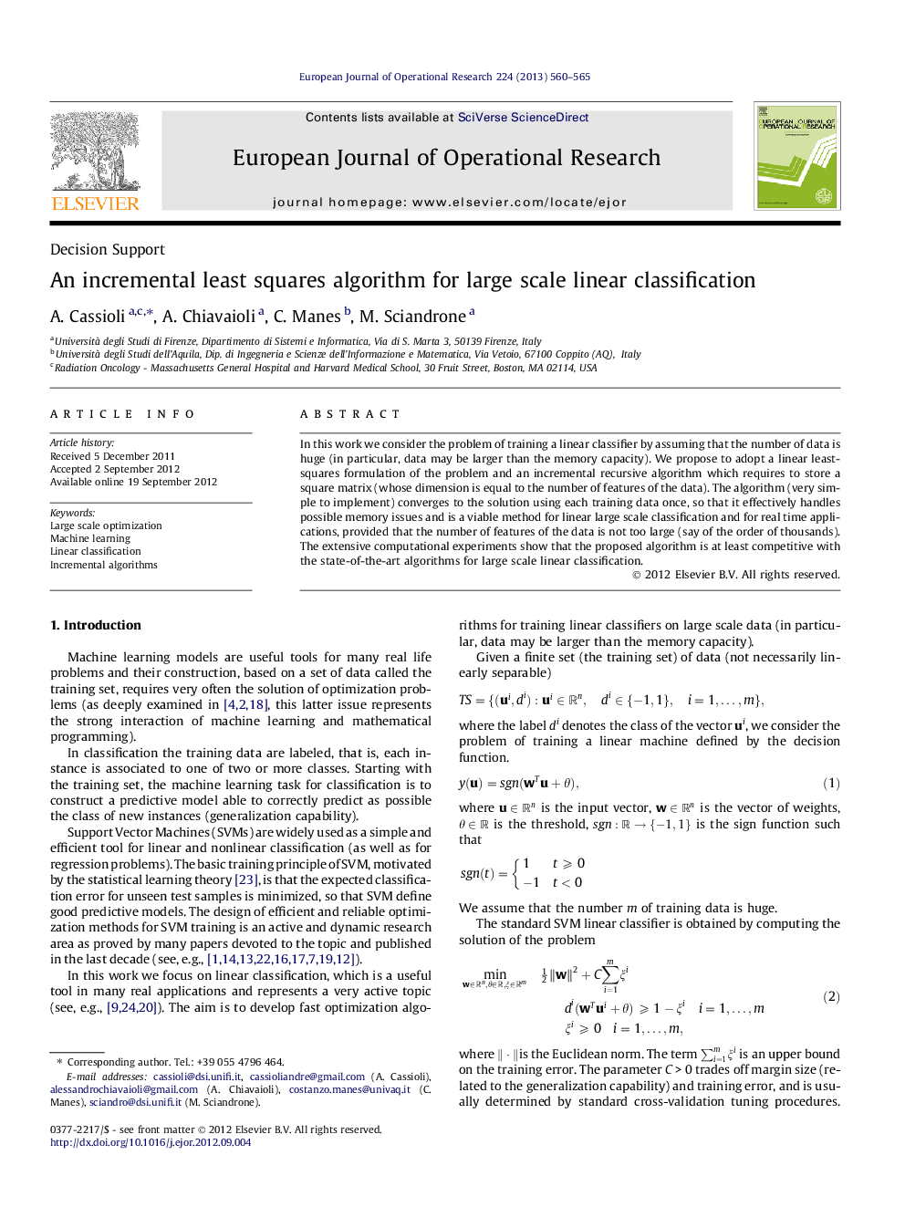 An incremental least squares algorithm for large scale linear classification