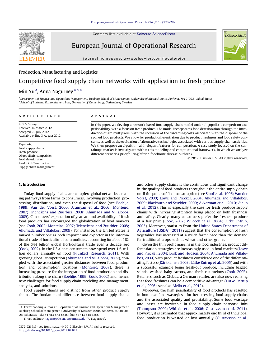 Competitive food supply chain networks with application to fresh produce