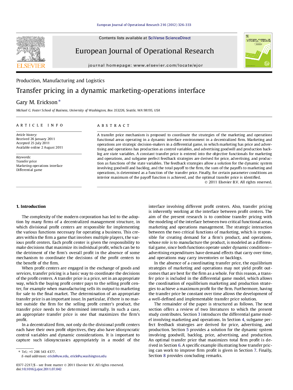 Transfer pricing in a dynamic marketing-operations interface