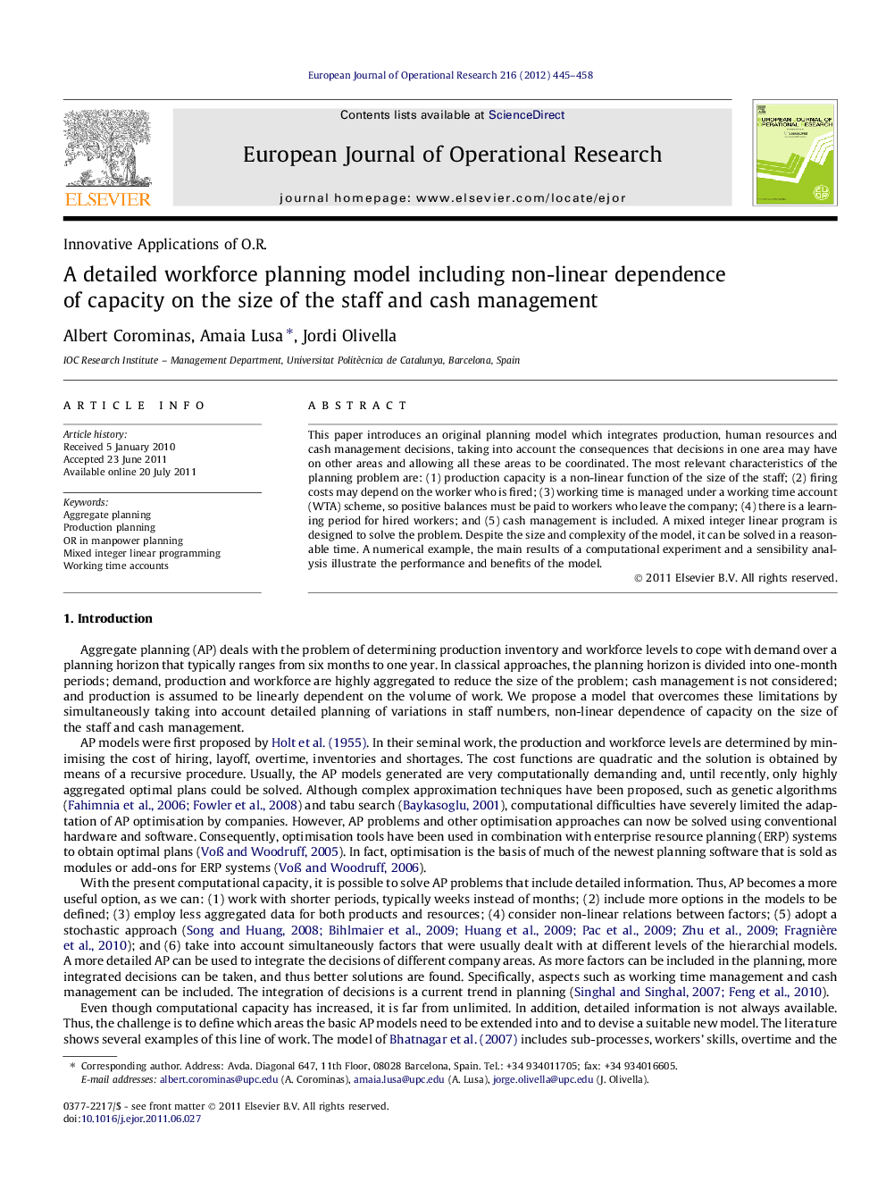 A detailed workforce planning model including non-linear dependence of capacity on the size of the staff and cash management