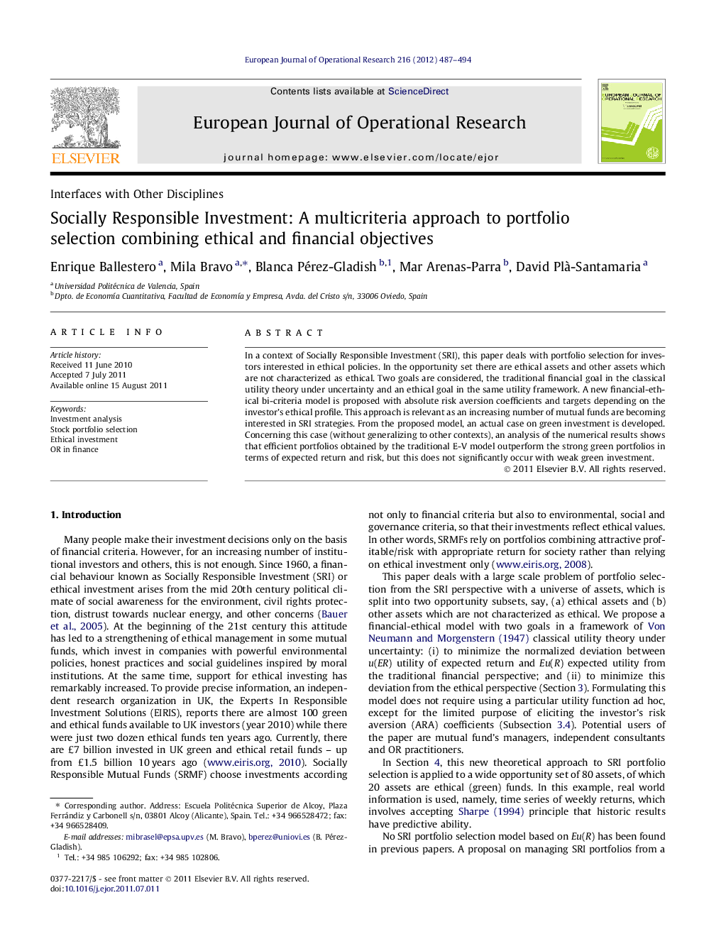 Socially Responsible Investment: A multicriteria approach to portfolio selection combining ethical and financial objectives