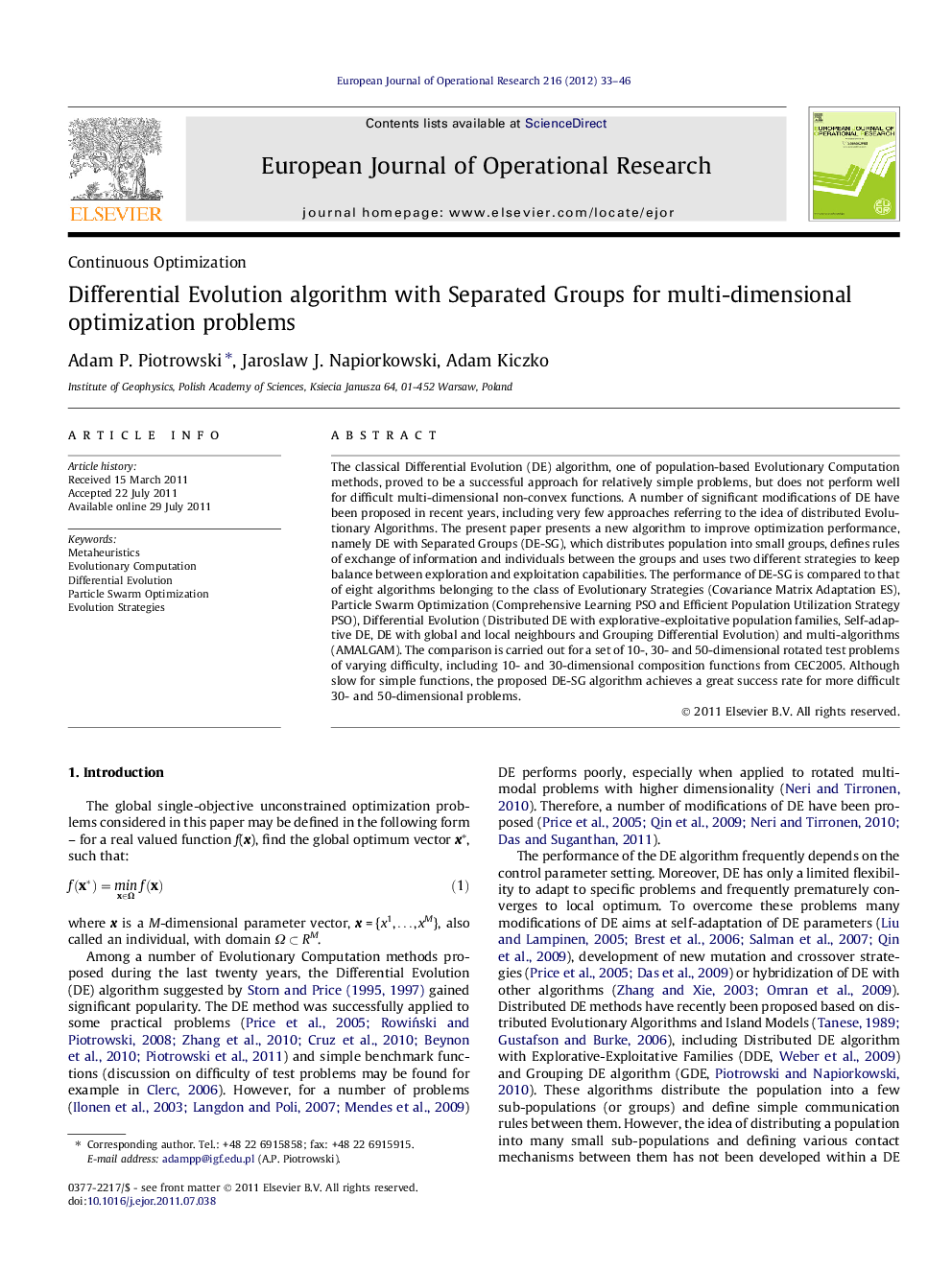 Differential Evolution algorithm with Separated Groups for multi-dimensional optimization problems