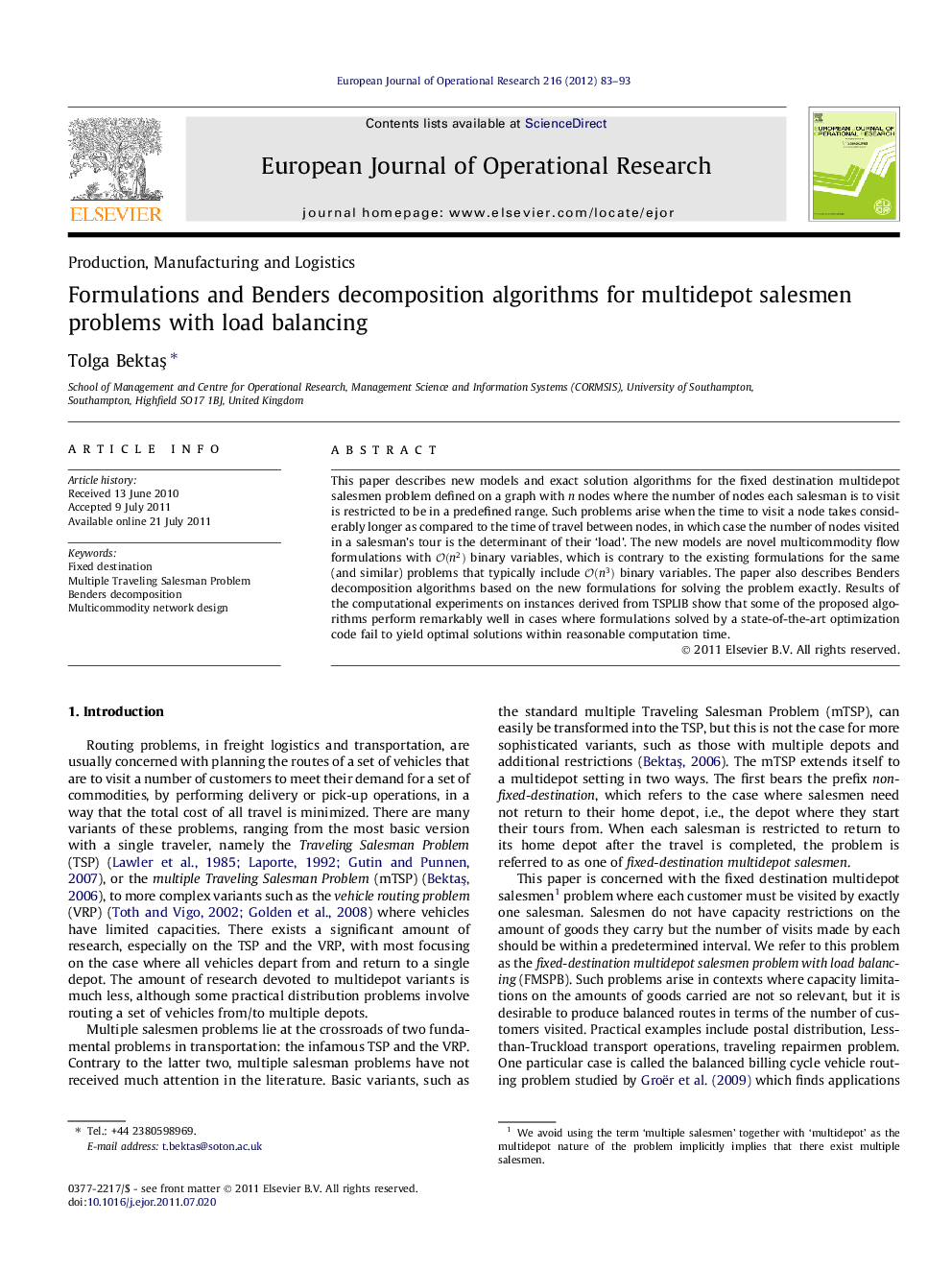 Formulations and Benders decomposition algorithms for multidepot salesmen problems with load balancing