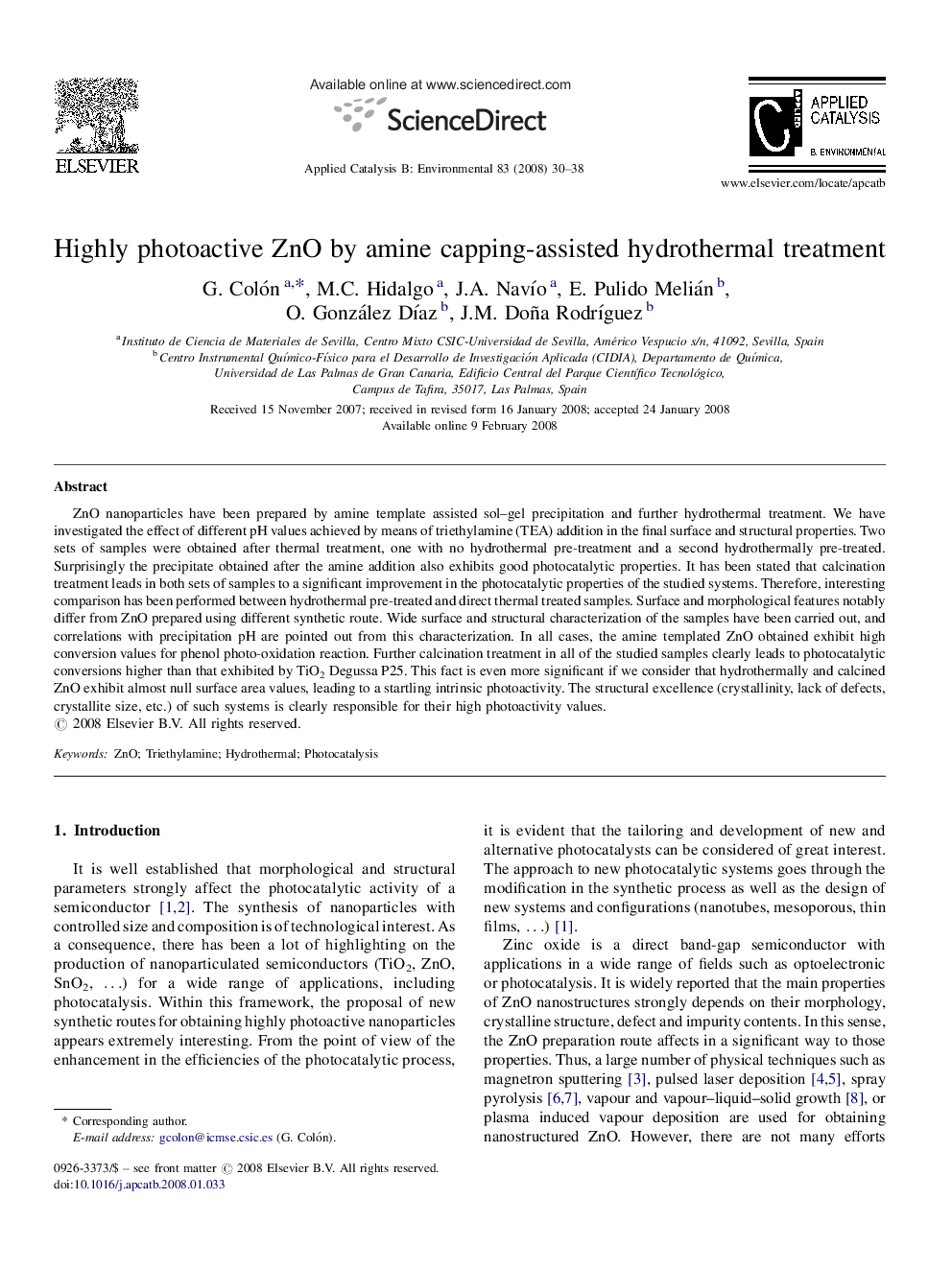 Highly photoactive ZnO by amine capping-assisted hydrothermal treatment