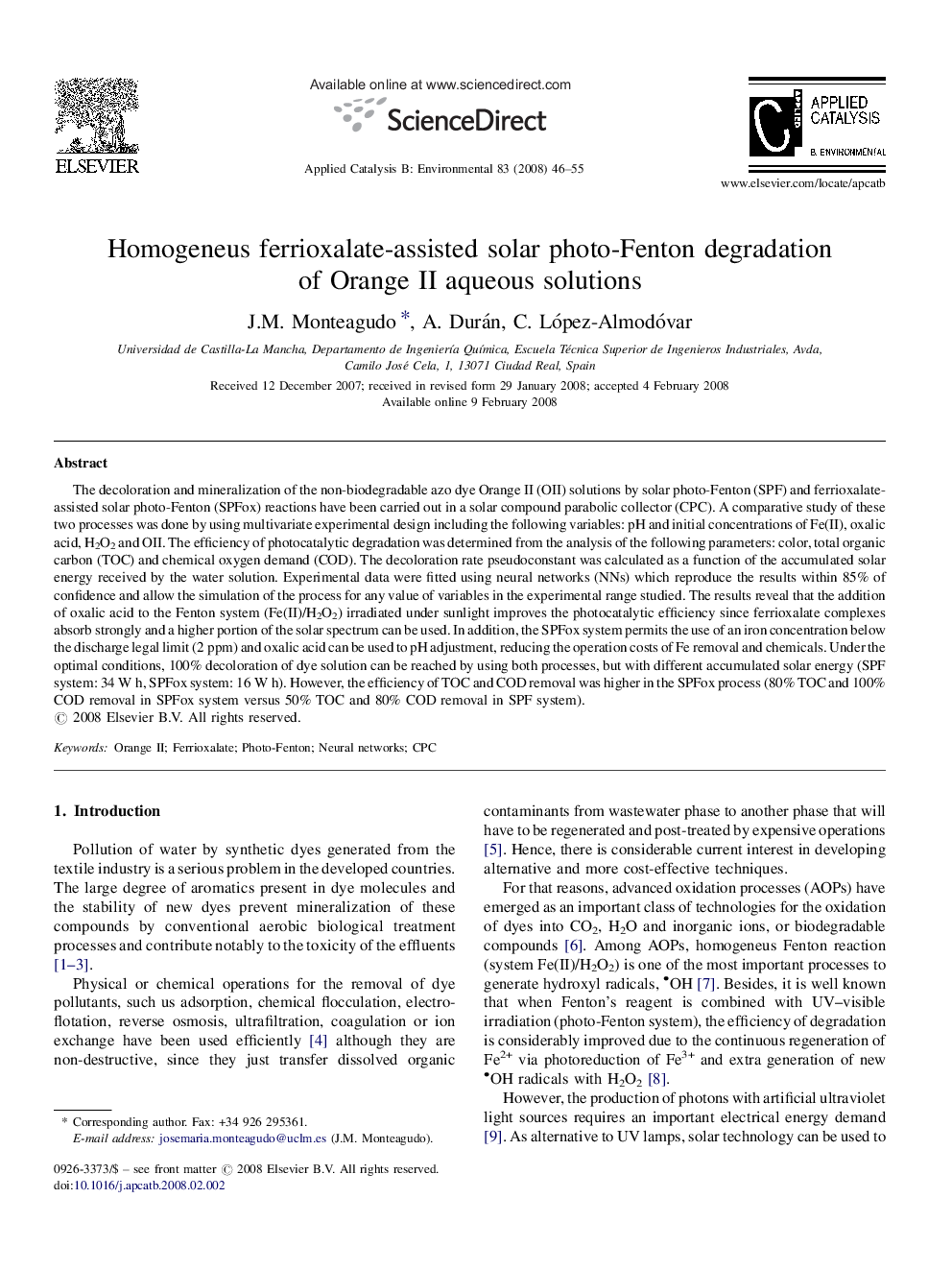 Homogeneus ferrioxalate-assisted solar photo-Fenton degradation of Orange II aqueous solutions