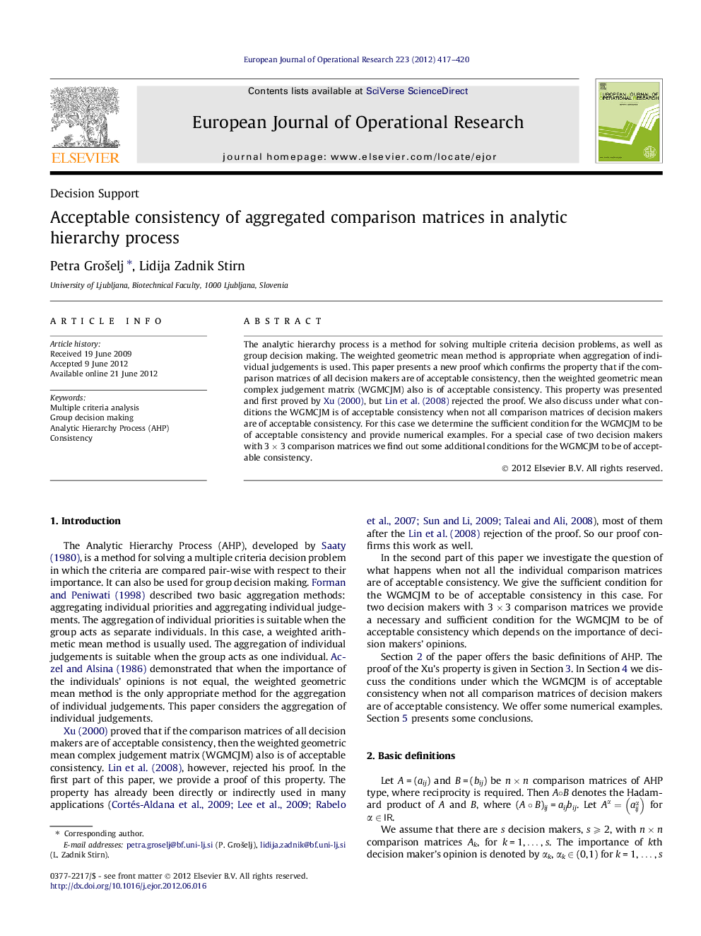 Acceptable consistency of aggregated comparison matrices in analytic hierarchy process