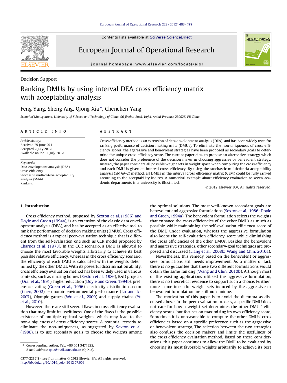 Ranking DMUs by using interval DEA cross efficiency matrix with acceptability analysis