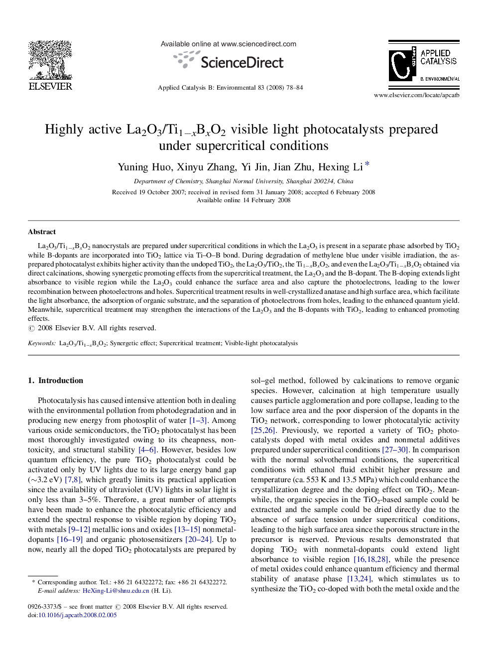 Highly active La2O3/Ti1−xBxO2 visible light photocatalysts prepared under supercritical conditions