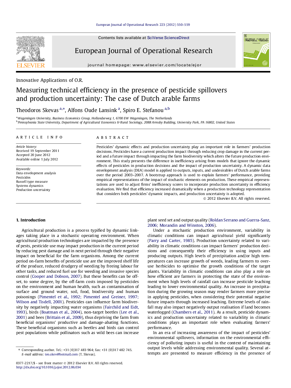 Measuring technical efficiency in the presence of pesticide spillovers and production uncertainty: The case of Dutch arable farms