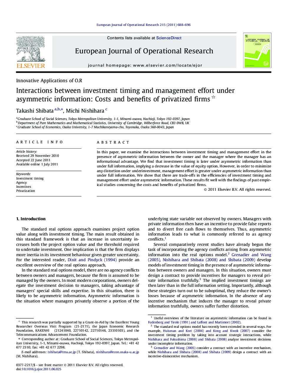 Interactions between investment timing and management effort under asymmetric information: Costs and benefits of privatized firms 