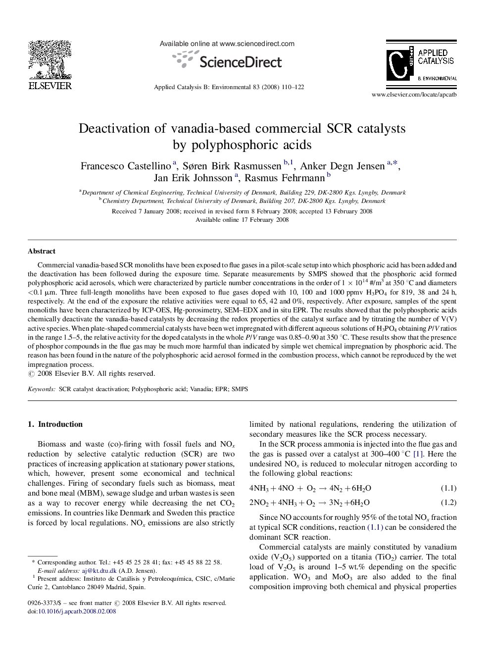 Deactivation of vanadia-based commercial SCR catalysts by polyphosphoric acids