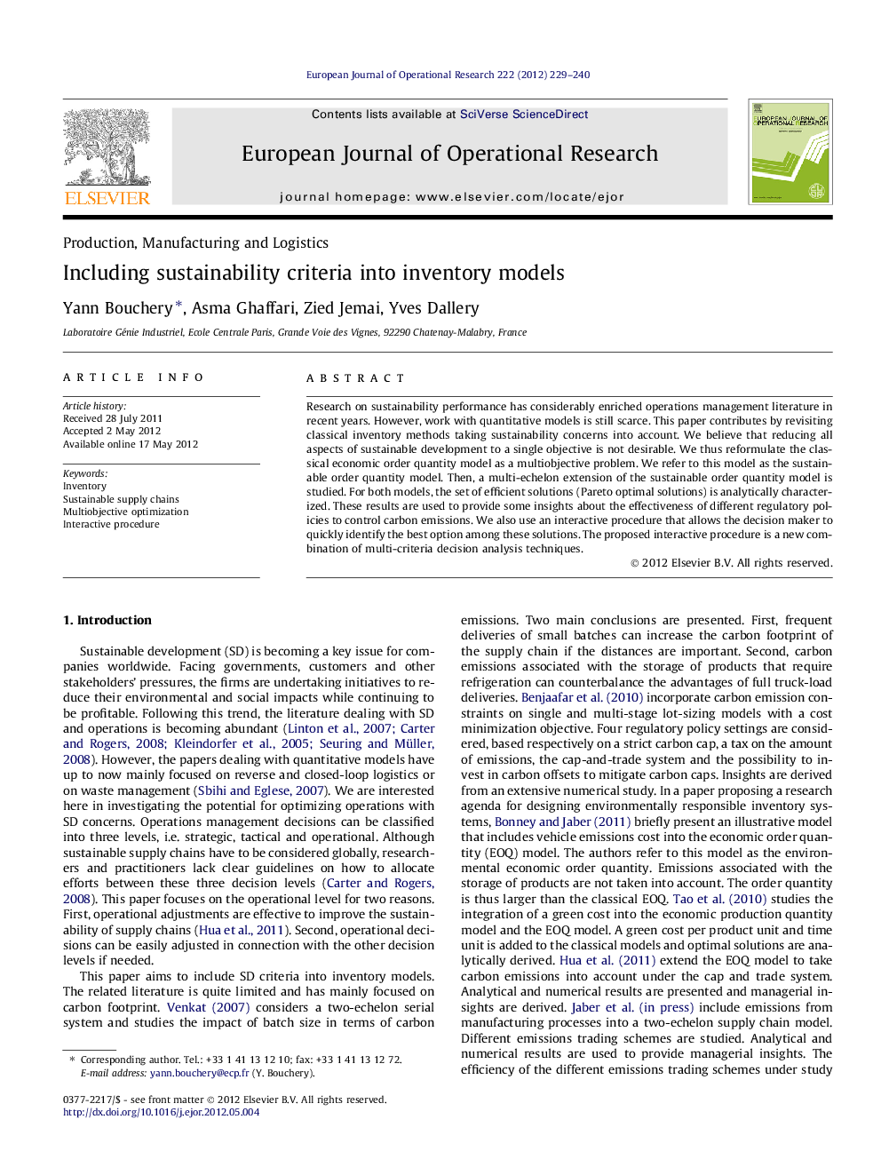 Including sustainability criteria into inventory models