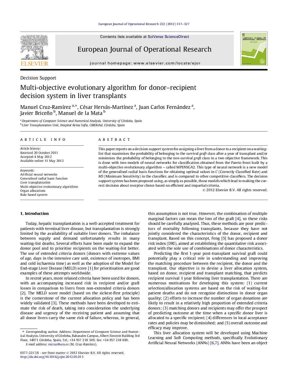 Multi-objective evolutionary algorithm for donor–recipient decision system in liver transplants