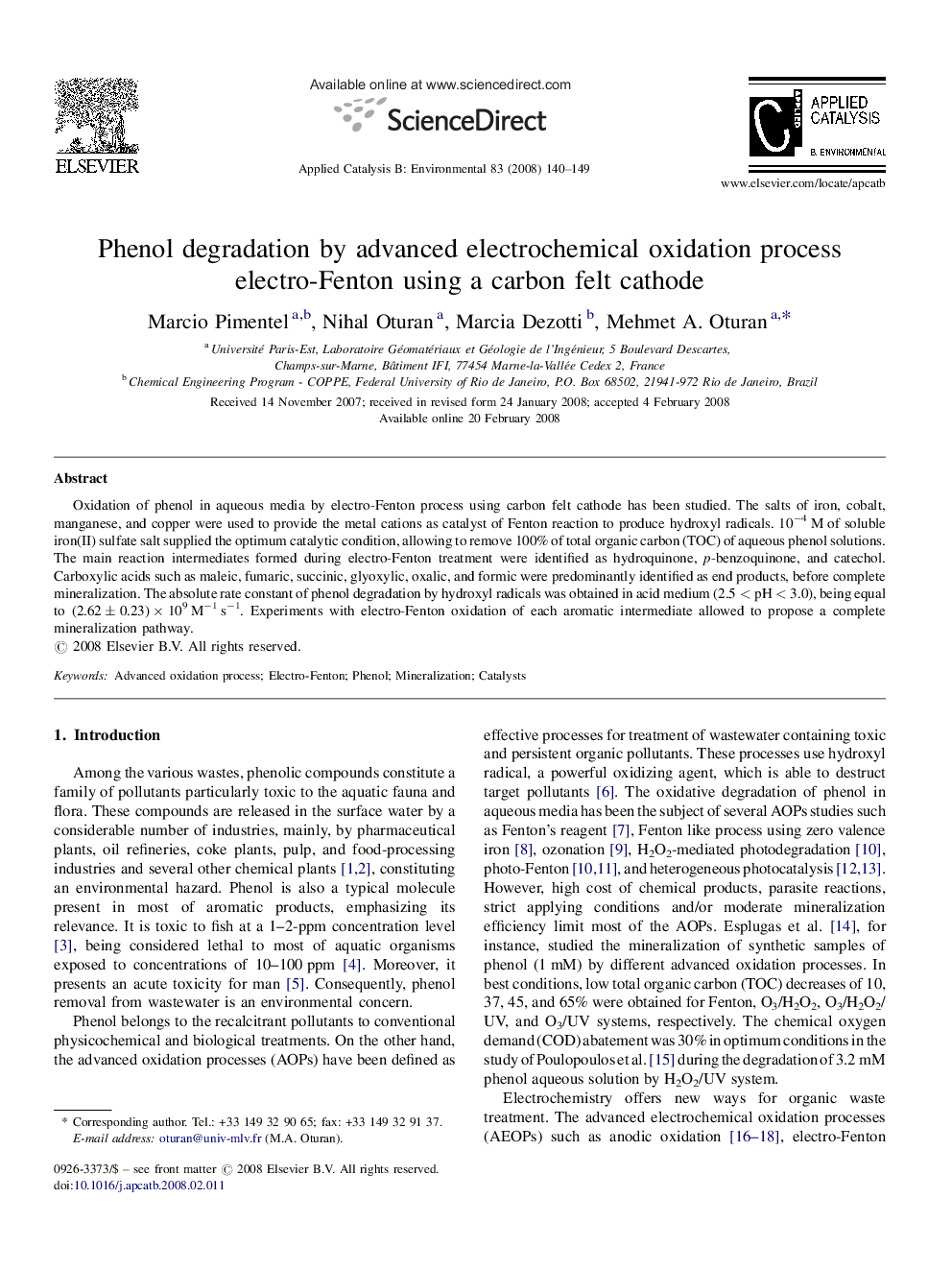 عکس صفحه اول مقاله: Phenol degradation by advanced electrochemical oxidation process electro-Fenton using a carbon felt cathode Phenol degradation by advanced electrochemical oxidation process electro-Fenton using a carbon felt cathode