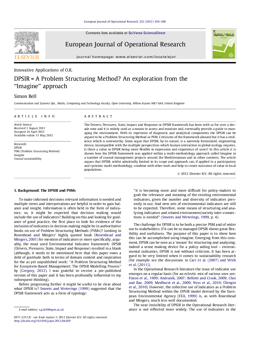 DPSIR = A Problem Structuring Method? An exploration from the “Imagine” approach