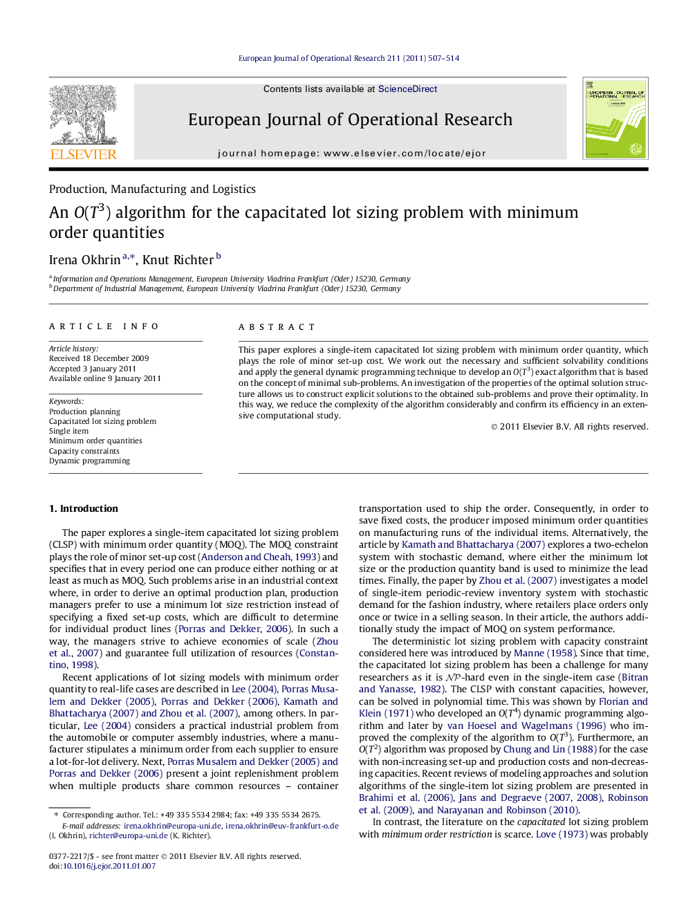 An O(T3) algorithm for the capacitated lot sizing problem with minimum order quantities