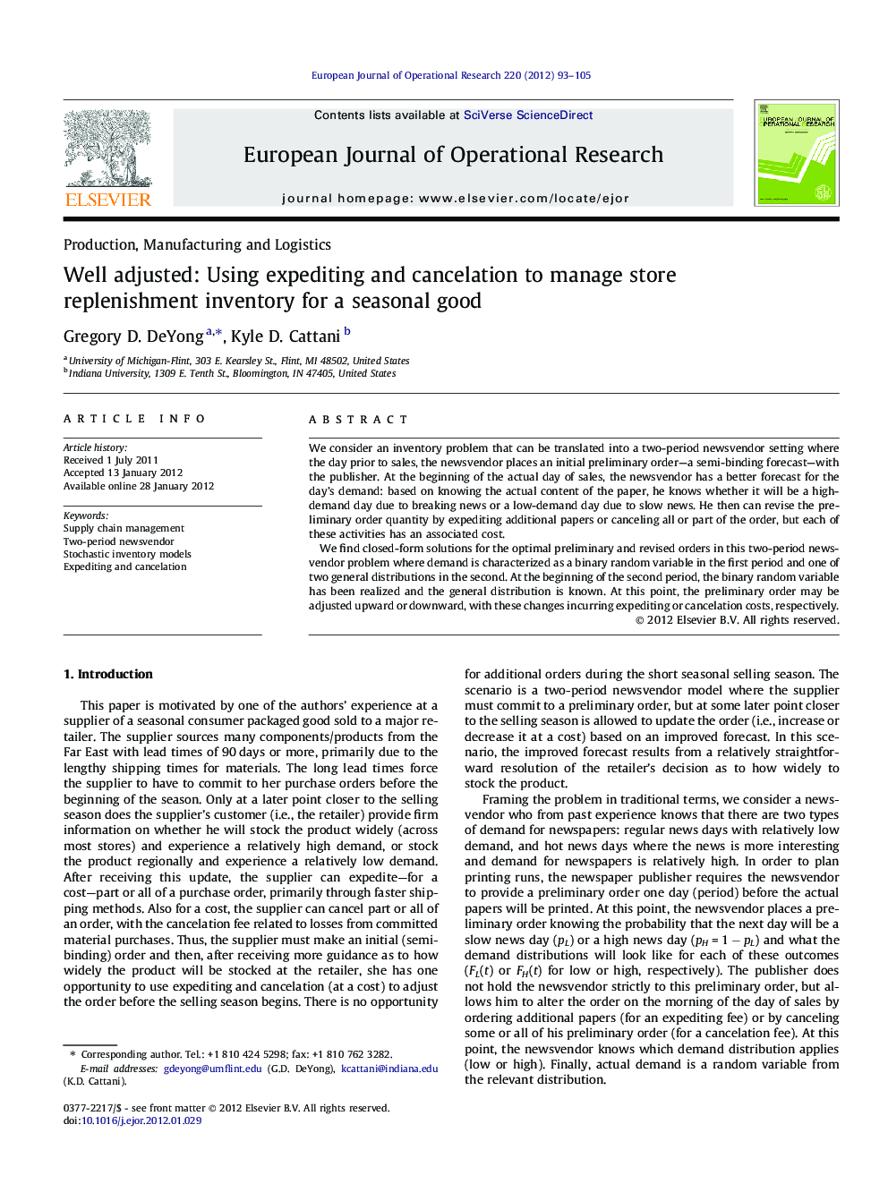 Well adjusted: Using expediting and cancelation to manage store replenishment inventory for a seasonal good