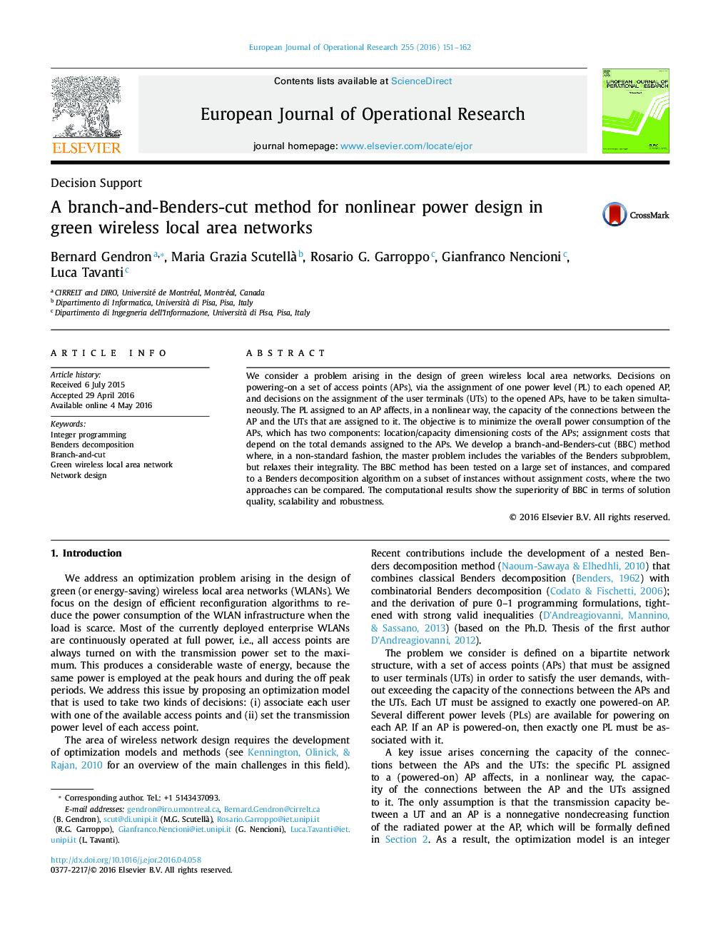 A branch-and-Benders-cut method for nonlinear power design in green wireless local area networks