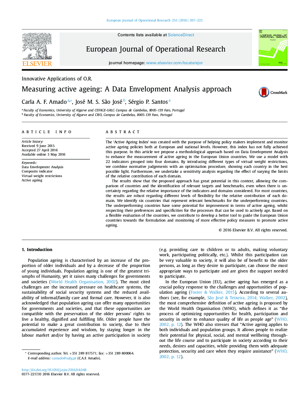 Measuring active ageing: A Data Envelopment Analysis approach