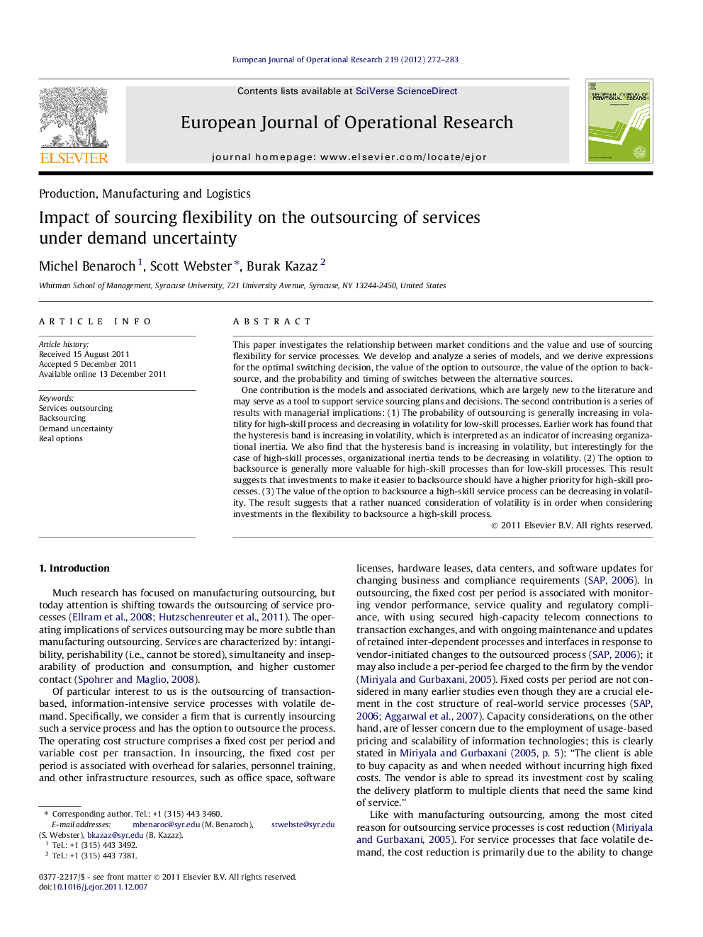 Impact of sourcing flexibility on the outsourcing of services under demand uncertainty