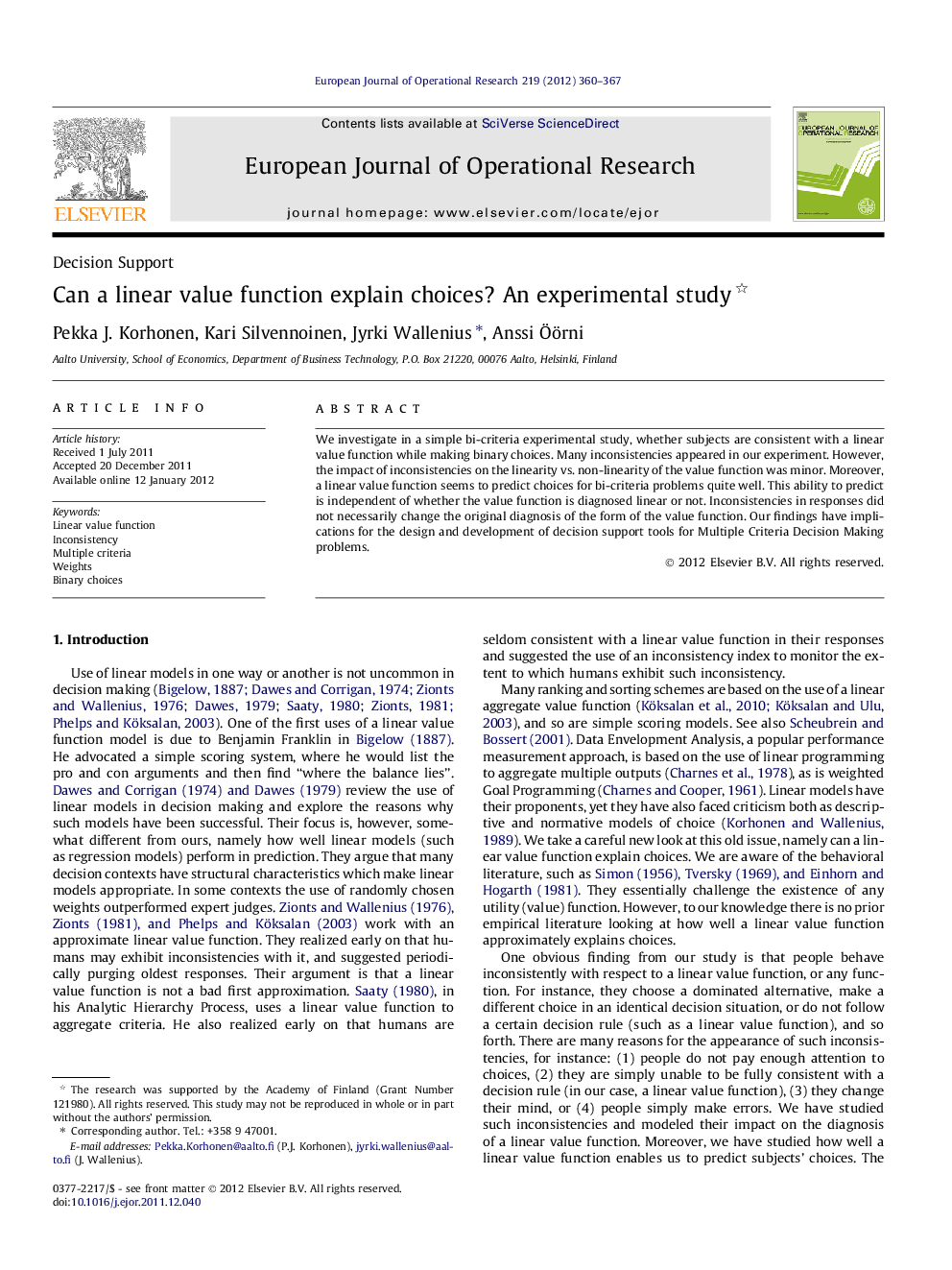 Can a linear value function explain choices? An experimental study 