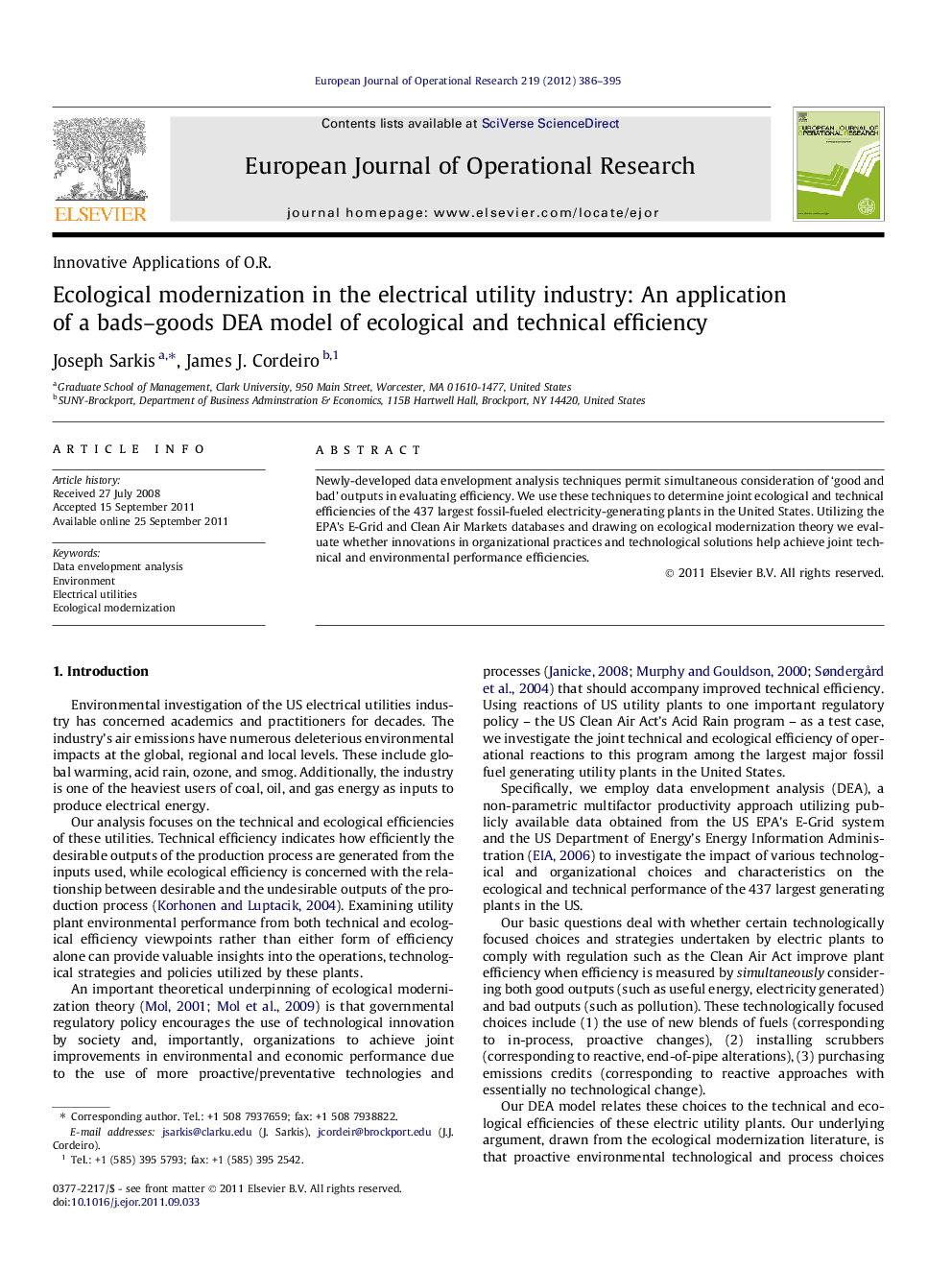 Ecological modernization in the electrical utility industry: An application of a bads–goods DEA model of ecological and technical efficiency