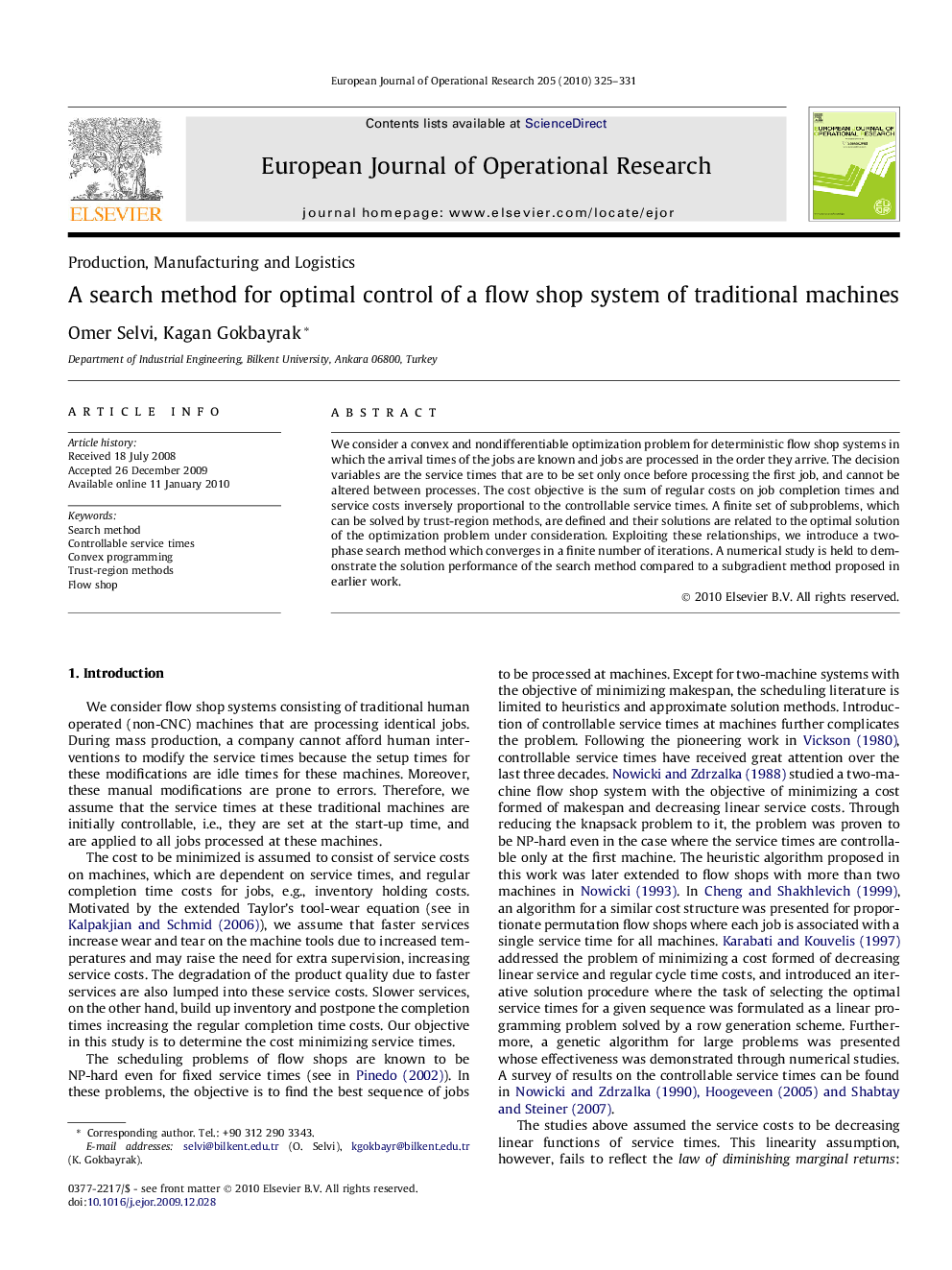 A search method for optimal control of a flow shop system of traditional machines