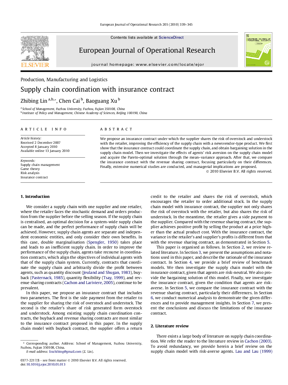 Supply chain coordination with insurance contract