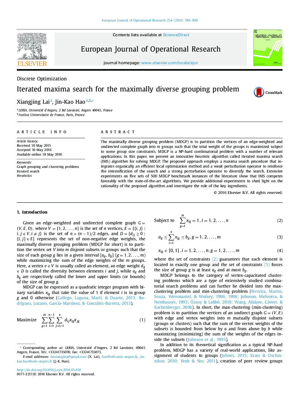 Iterated maxima search for the maximally diverse grouping problem