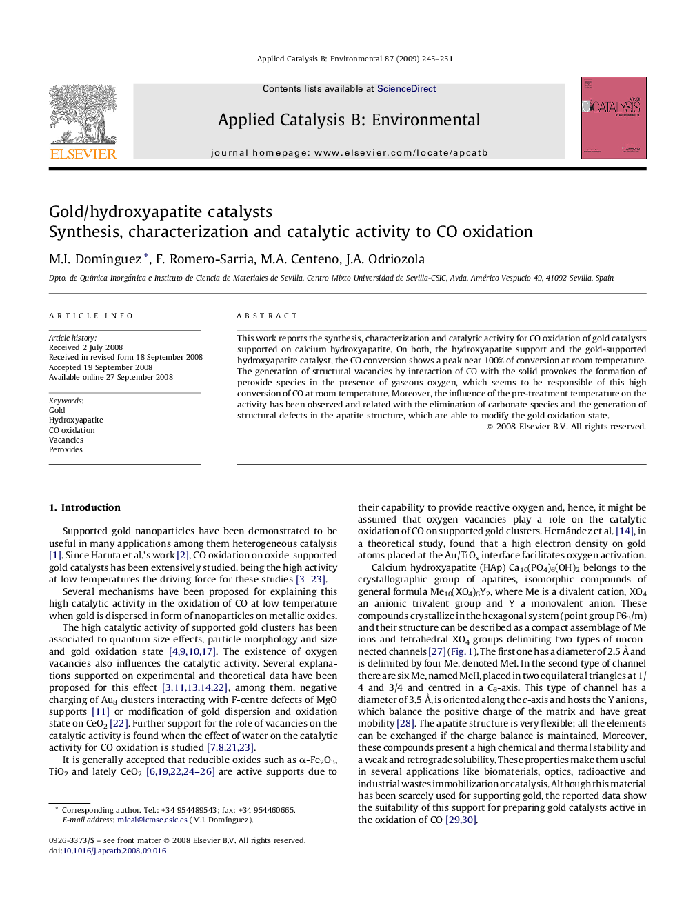 عکس صفحه اول مقاله: Gold/hydroxyapatite catalysts: Synthesis, characterization and catalytic activity to CO oxidation Gold/hydroxyapatite catalysts: Synthesis, characterization and catalytic activity to CO oxidation