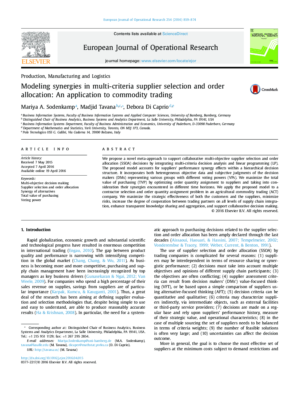 Modeling synergies in multi-criteria supplier selection and order allocation: An application to commodity trading
