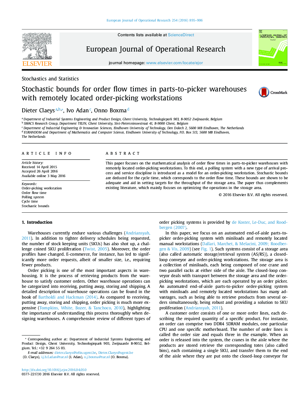 Stochastic bounds for order flow times in parts-to-picker warehouses with remotely located order-picking workstations