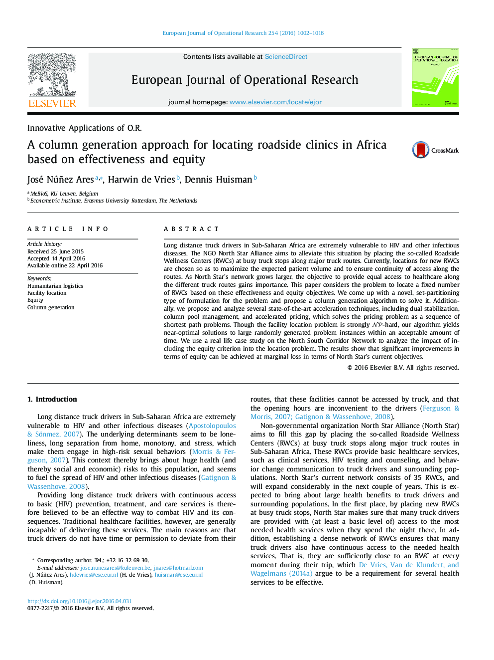 A column generation approach for locating roadside clinics in Africa based on effectiveness and equity