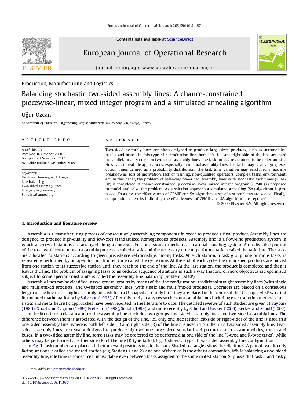 Balancing stochastic two-sided assembly lines: A chance-constrained, piecewise-linear, mixed integer program and a simulated annealing algorithm