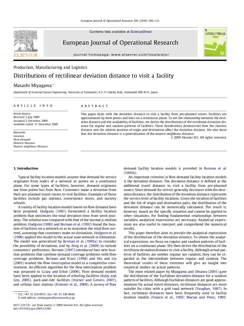 Distributions of rectilinear deviation distance to visit a facility