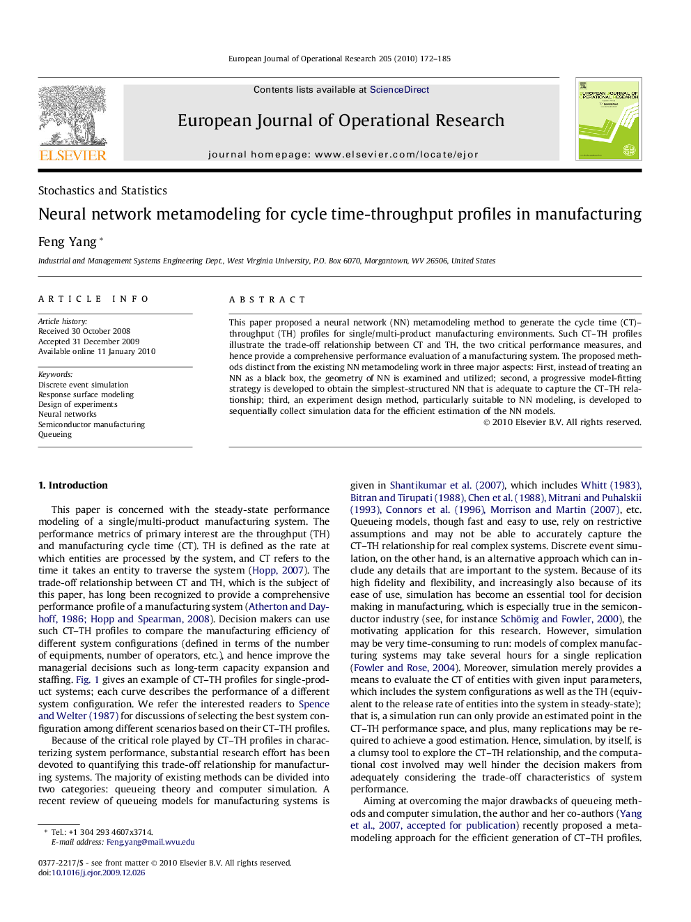 Neural network metamodeling for cycle time-throughput profiles in manufacturing