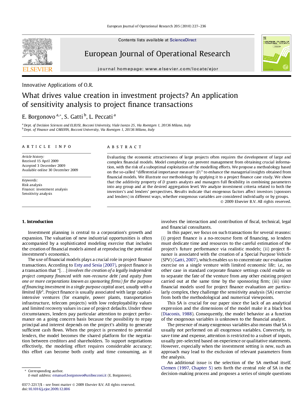 What drives value creation in investment projects? An application of sensitivity analysis to project finance transactions