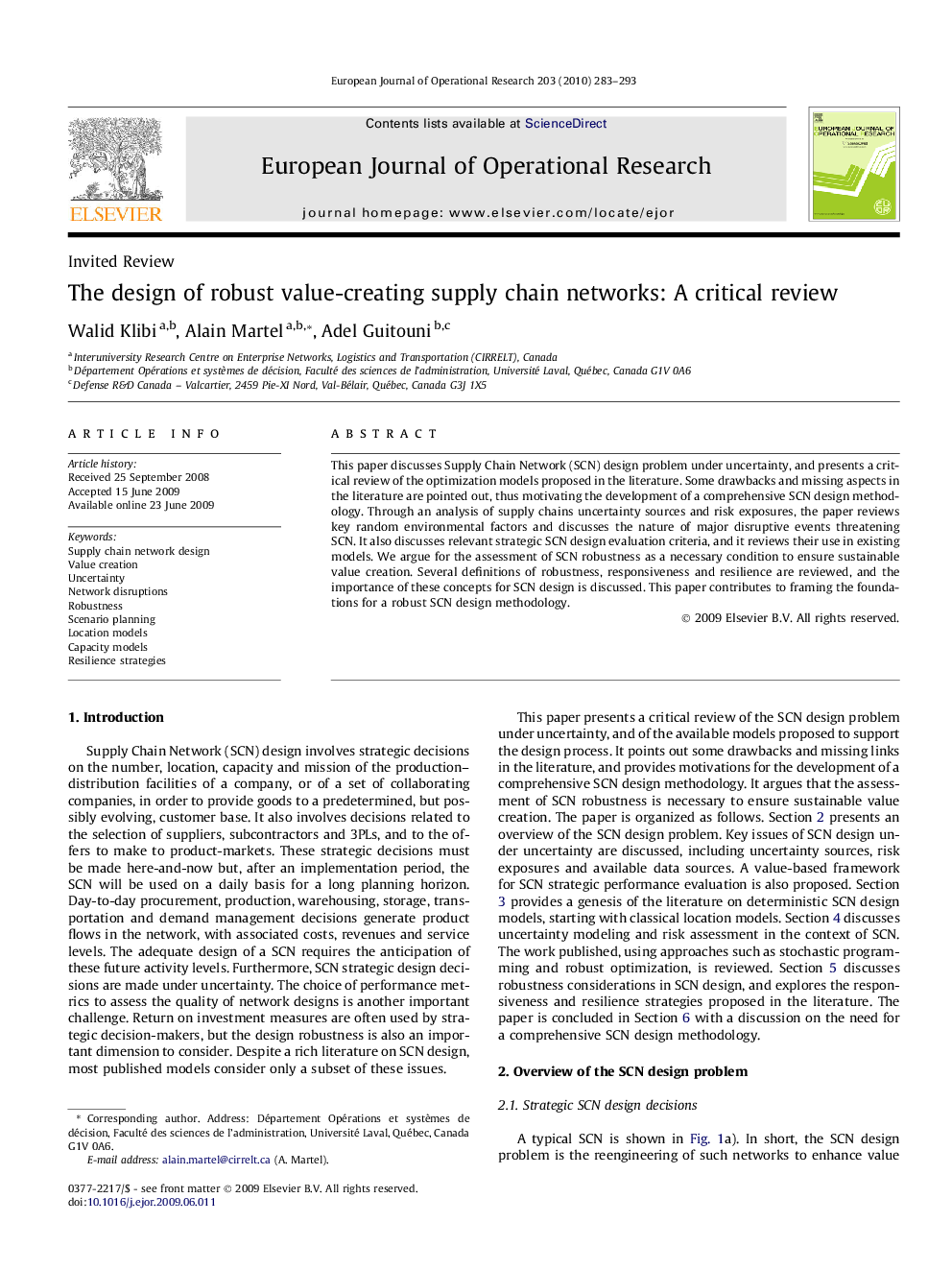 The design of robust value-creating supply chain networks: A critical review