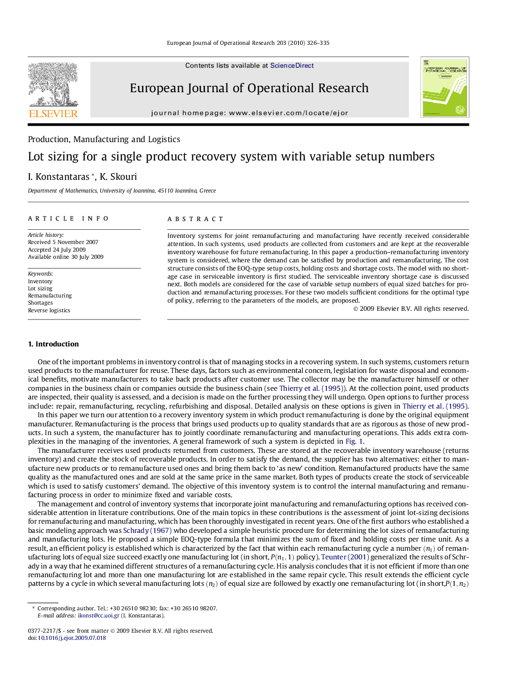 Lot sizing for a single product recovery system with variable setup numbers