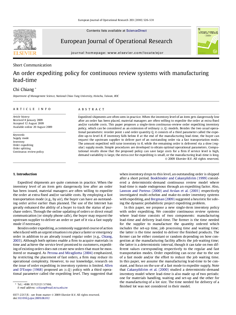 An order expediting policy for continuous review systems with manufacturing lead-time