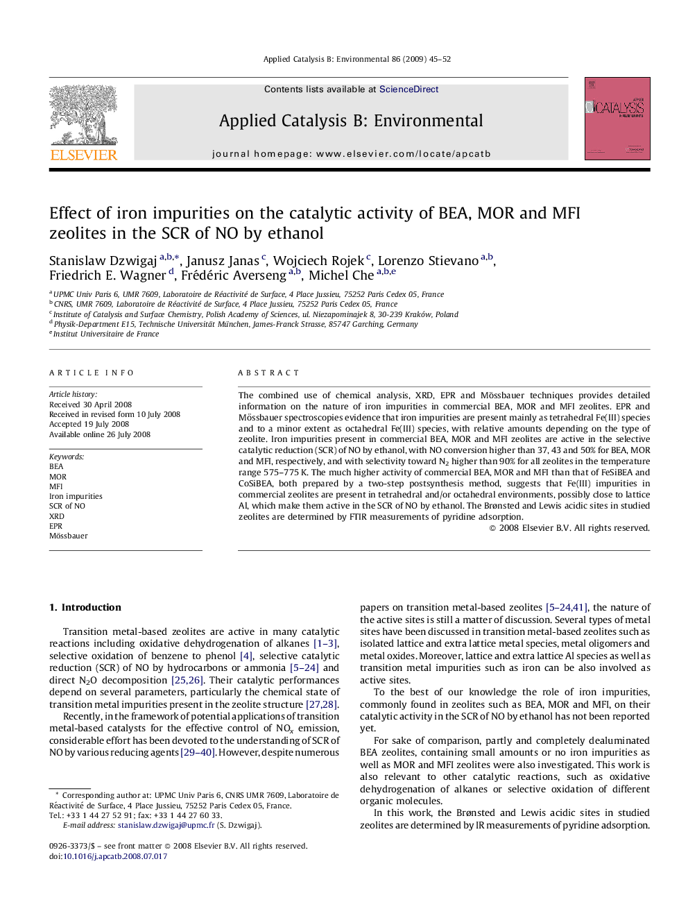 Effect of iron impurities on the catalytic activity of BEA, MOR and MFI zeolites in the SCR of NO by ethanol